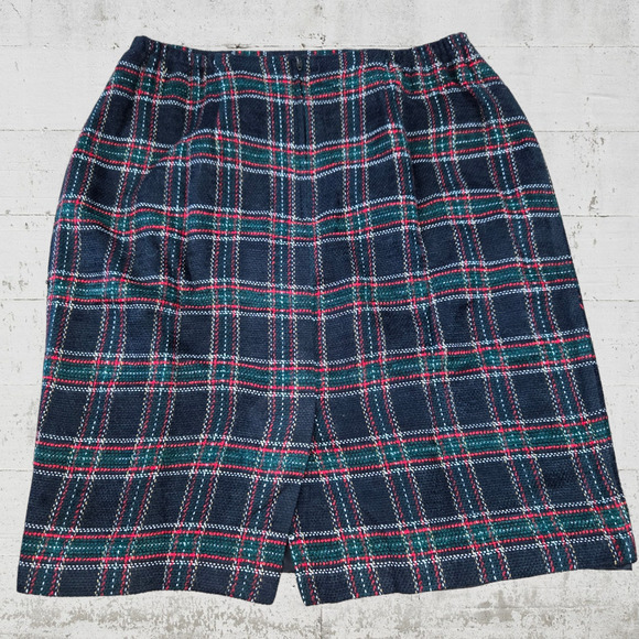 1980s Vintage Navy Red Tweed Glen Check Plaid Tartan Knee Length Skirt Size 4 - Picture 6 of 6